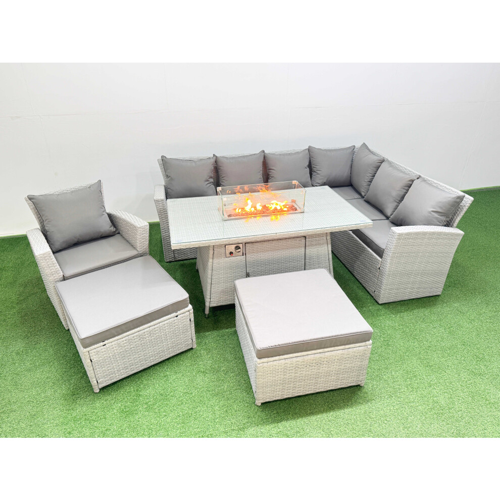 Fimous Rattan Corner Sofa Chair Set Outdoor Furniture Garden Dining Set Gas Fire Pit Table With Temper Glass 2 Big Footstools Light Grey Mixed
