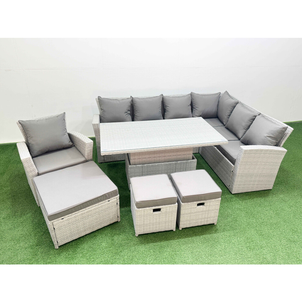 Fimous Light/Grey 10 Seat Rattan Garden Furniture Corner Sofa Set Outdoor Adjustable Lifting Dining Or Coffee Table Set With 3 Footstools - Image 2