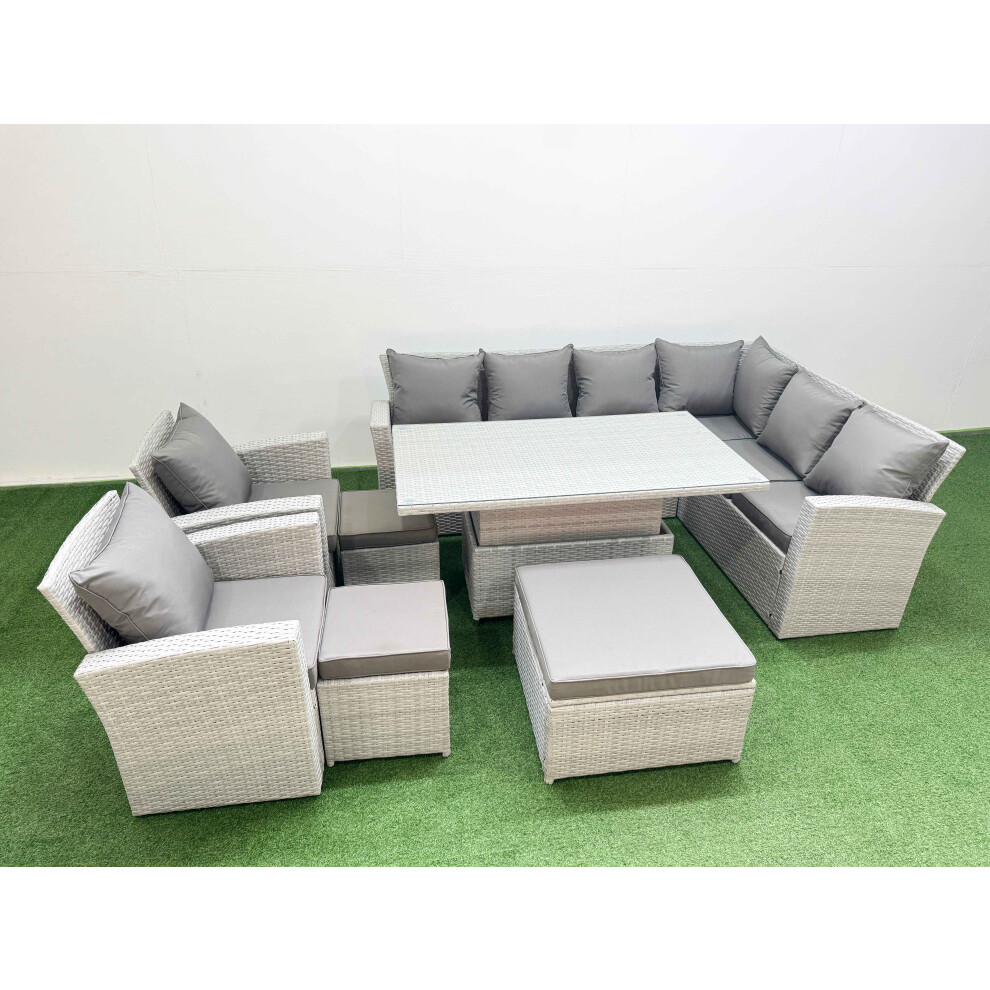 Rackhams Light/Grey 10 Seater Rattan Garden Furniture Set With Adjustable Dining/Coffee Table, 2 Chairs & 3 Footstools - Image 2