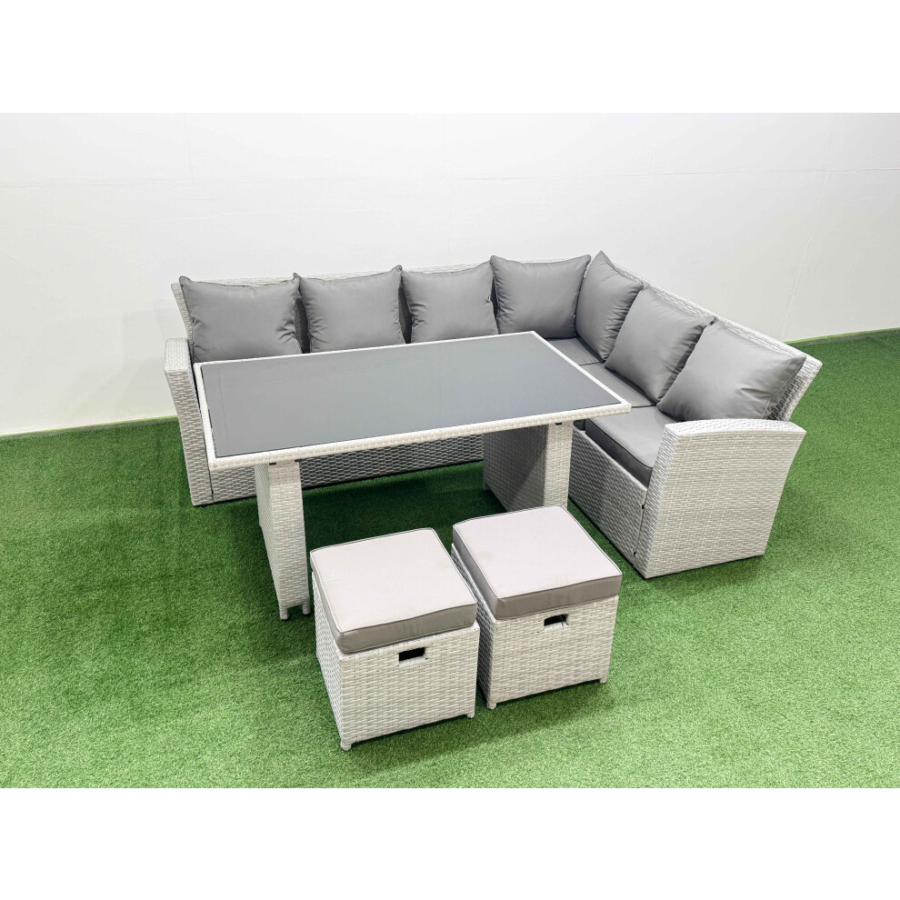 Fimous Outdoor Garden Furniture Sets 8 Seater Wicker Rattan Corner Sofa Sets with Rectangular Dining Table Lounge Sofa 2 Small Footstools Light Grey