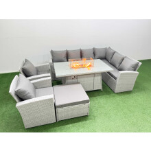 Fimous Rattan Corner Sofa Chair Set Outdoor Furniture Garden Dining Set Gas Fire Pit Table with Temper Glass Footstools Light Grey Mixed