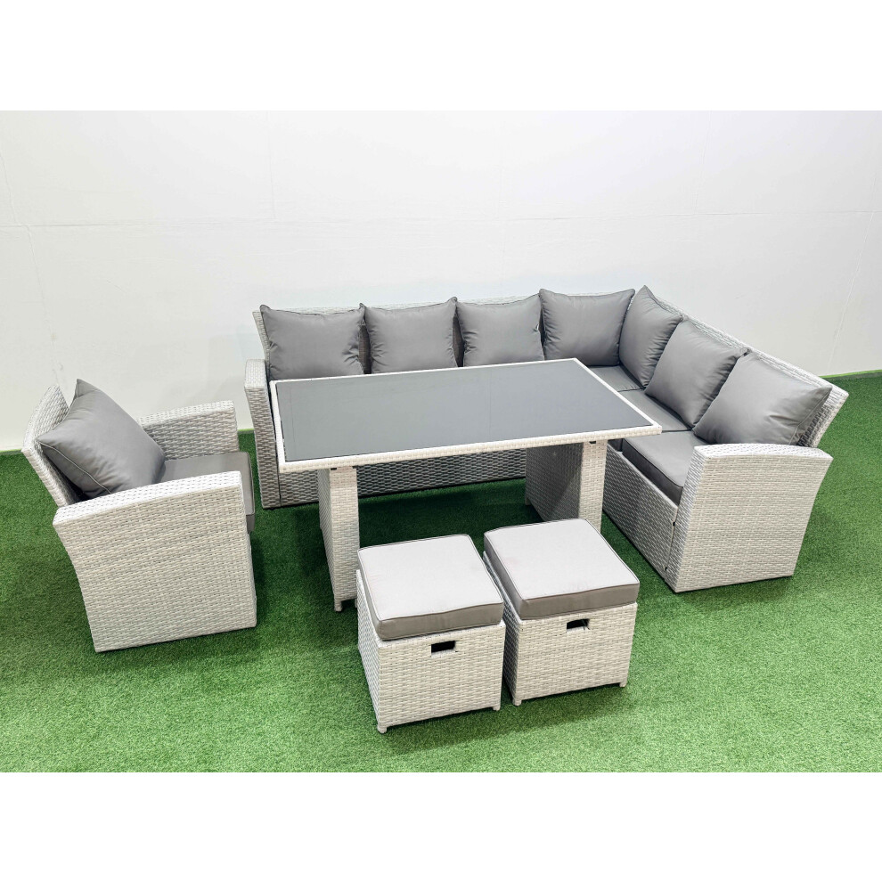 Fimous Outdoor Garden Furniture Sets 9 Seater Wicker Rattan Corner Sofa Sets with Rectangular Dining Table Lounge Sofa 2 Small Footstools Armchair