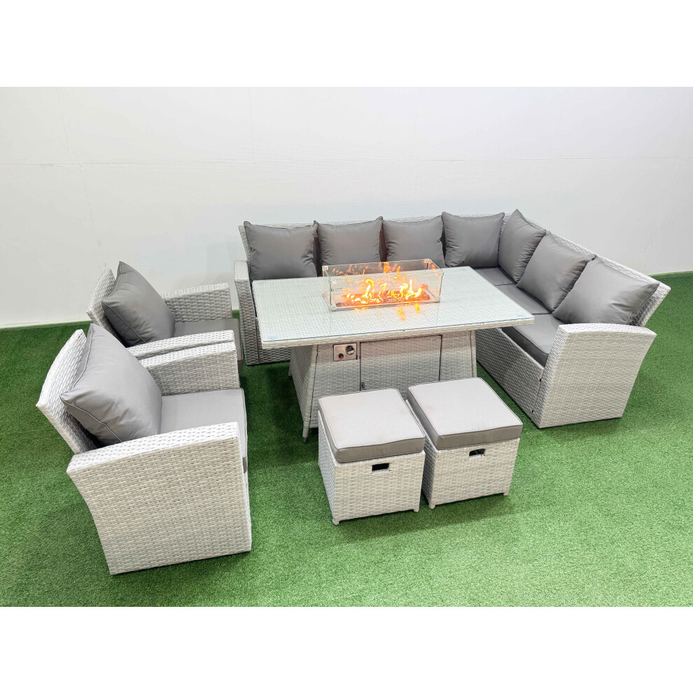 Fimous Rattan Corner Sofa Chair Set Outdoor Furniture Garden Dining Set Gas Fire Pit Table with Temper Glass 2 Footstools Light Grey Mixed-image-OPC-PGQV6JH-NEW