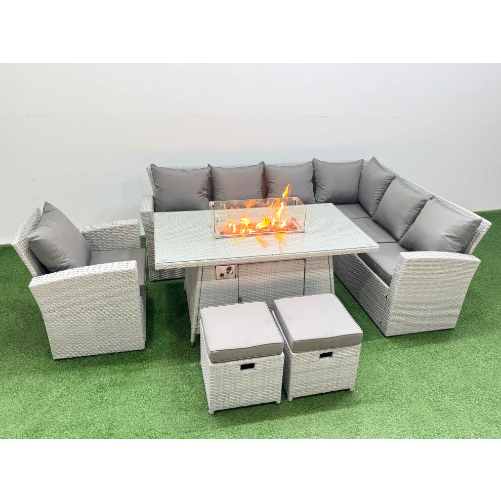 Fimous 9 Seat Rattan Garden Furniture Corner Sofa Set Outdoor Gas Fire Pit Table Set With 2 Small Footstools Light Grey