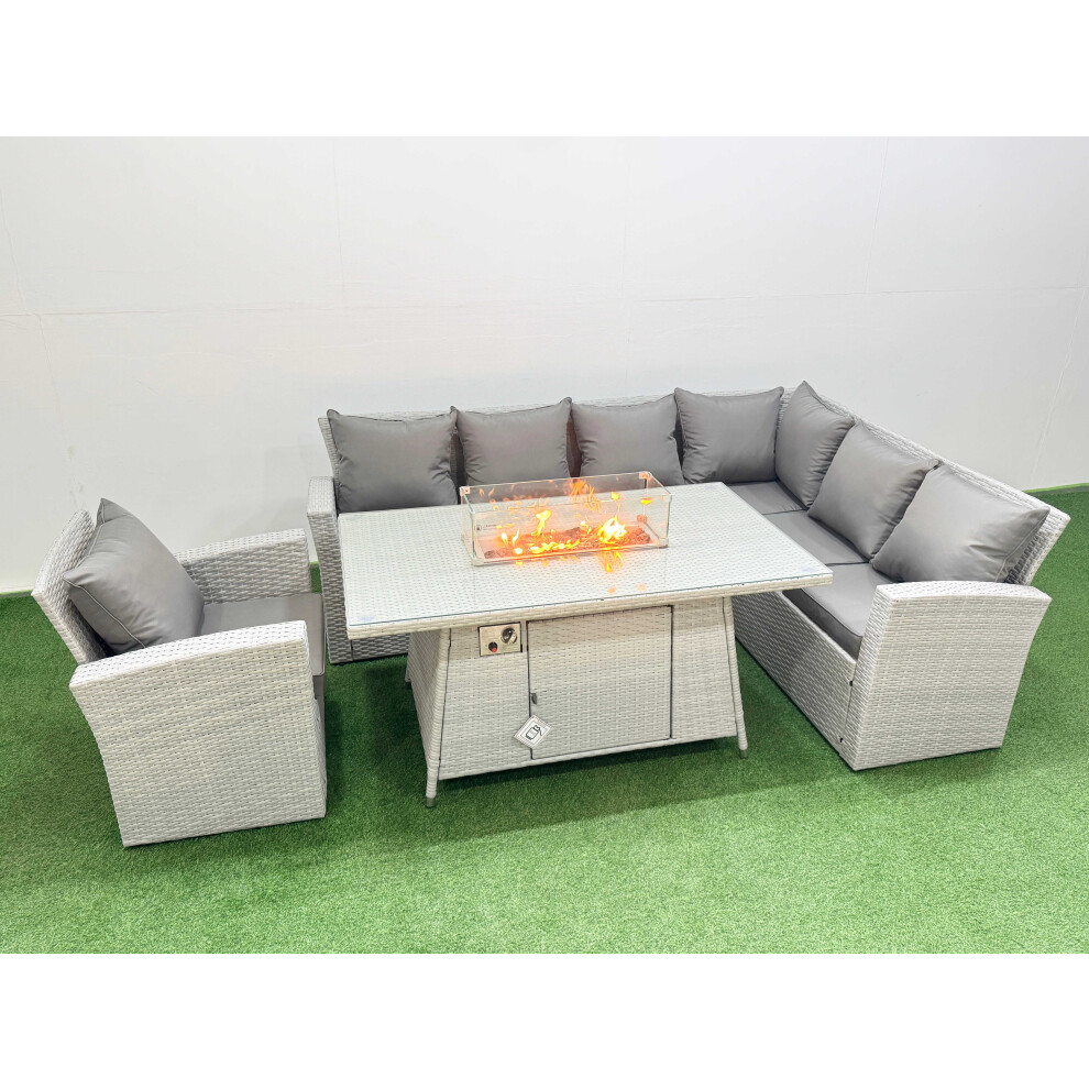 Fimous 7 Seat Rattan Garden Furniture Corner Sofa Set Outdoor Gas Fire Pit Table Set with Armchair Light Grey-image-OPC-PGQV6K7-NEW