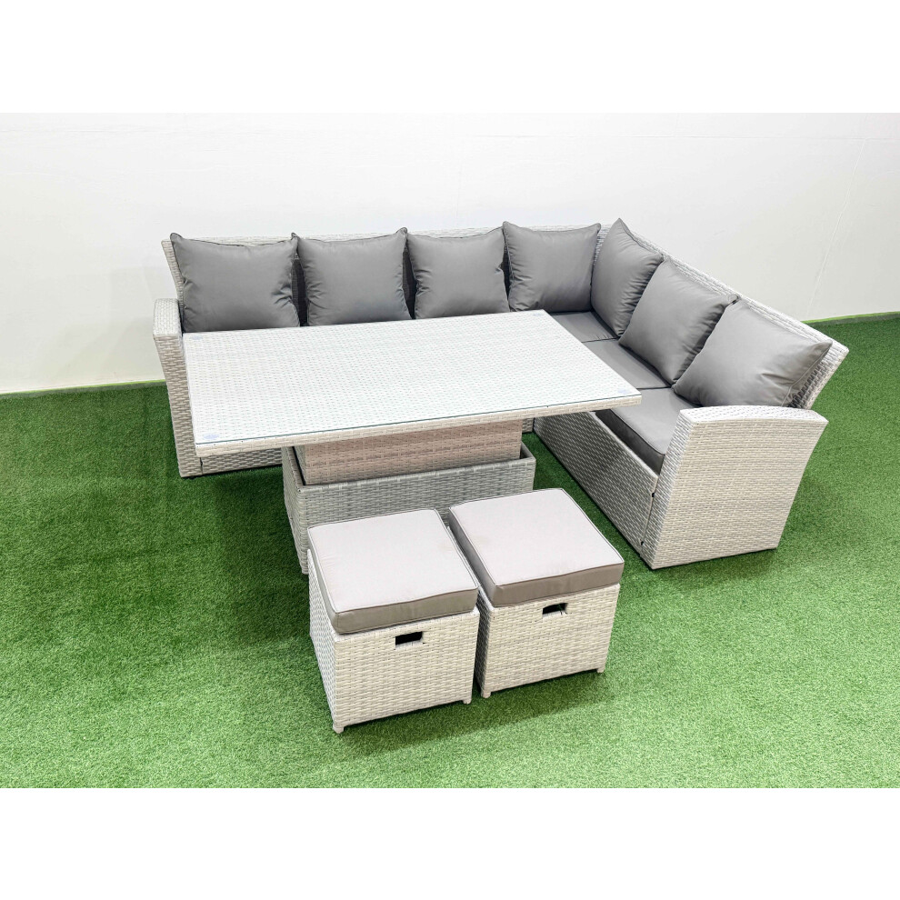 Fimous 8 Seat Rattan Garden Furniture Corner Sofa Set Outdoor Adjustable Lifting Dining Or Coffee Table Set With Armchair 2 Small Footstools Brown