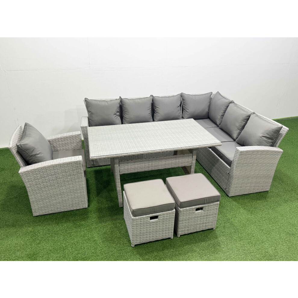 Fimous Rattan Garden Furniture Set Outdoor 9 Seater Patio Dining Corner Sofa Sets With Dining Table Chair 2 Small Footstools Light Grey Mixed