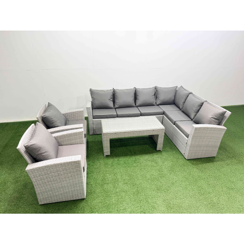 B&Q - Rattan Garden Furniture Set 5 Pieces Outdoor Garden Sofa Oblong Coffee Table Set With 2 Chairs Light Grey Mixed - Image 2