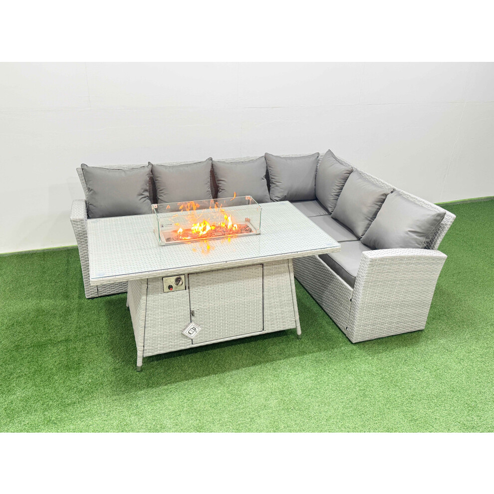 Fimous Light/Grey 6 Seat Rattan Garden Furniture Corner Sofa Set Outdoor Gas Fire Pit Table Set - Image 2
