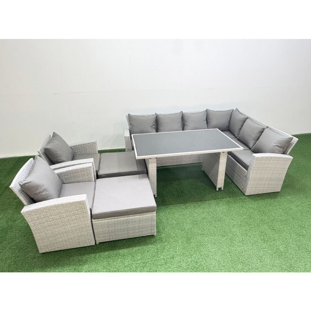 Fimous Light/Grey Outdoor Garden Furniture Sets 10 Seater Wicker Rattan Corner Sofa Sets With Rectangular Dining Table Lounge Sofa 2 Big Footstools - Image 2