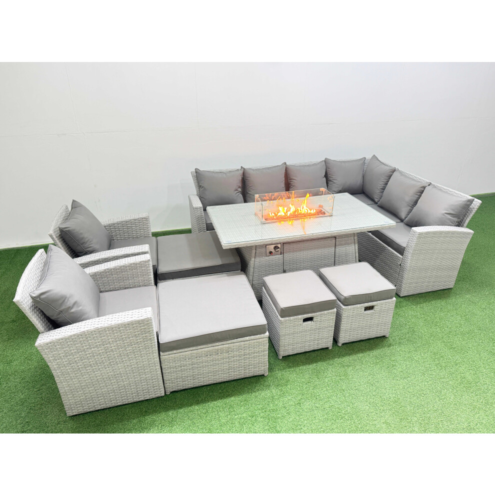 Fimous Light/Grey Outdoor Furniture Garden Dining Set Rattan Corner Sofa Chair Set Gas Fire Pit Table With Temper Glass Footstools Mixed - Image 2