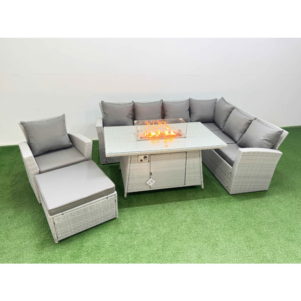 Fimous 8 Seat Rattan Garden Furniture Corner Sofa Set Outdoor Gas Fire Pit Table Set With Big Footstool Light Grey