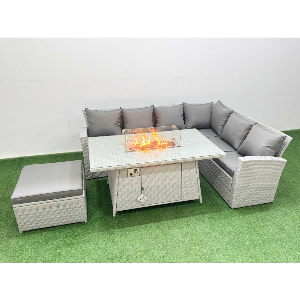 Rackhams Light/Grey 7 Seat Rattan Garden Furniture Corner Sofa Set Outdoor Gas Fire Pit Table Set With Big Footstool - Image 2