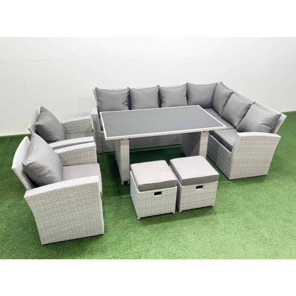 Rackhams Light/Grey Outdoor Garden Furniture Sets 10 Seater Wicker Rattan Corner Sofa Sets With Rectangular Dining Table Lounge Sofa 2 Small Footstools - Image 2