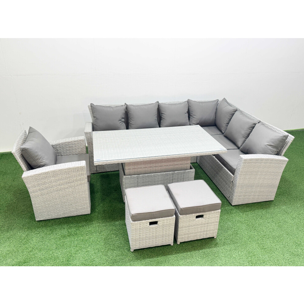 Rackhams Light/Grey 9 Seat Rattan Garden Furniture Corner Sofa Set Outdoor Adjustable Lifting Dining Or Coffee Table Set With 2 Small Footstools - Image 2