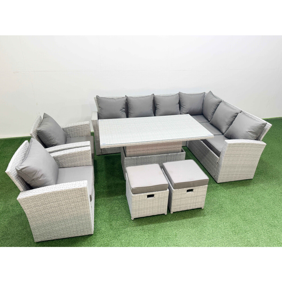 Fimous 10 Seat Rattan Garden Furniture Corner Sofa Set Outdoor Adjustable Lifting Dining or Coffee Table Set with 2 Small Footstools Light Grey
