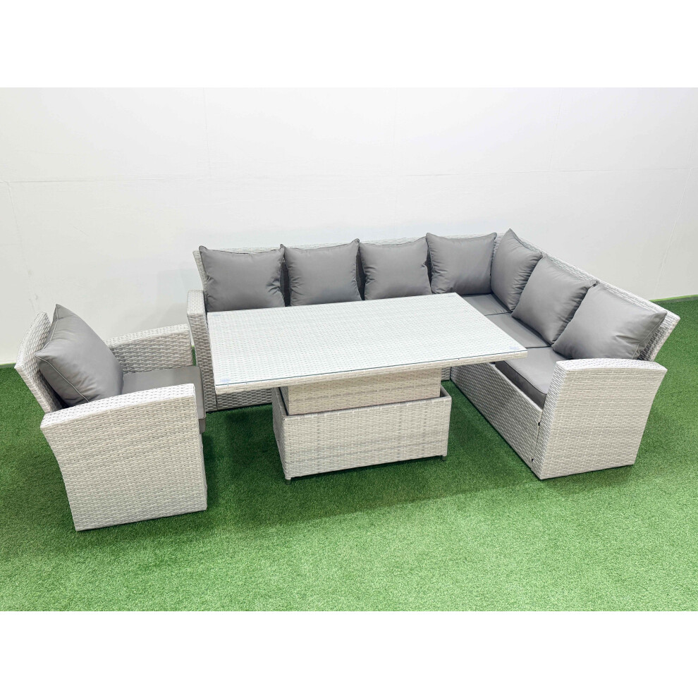Fimous 7 Seat Rattan Garden Furniture Corner Sofa Set Outdoor Adjustable Lifting Dining Or Coffee Table Set With Armchair Light Grey