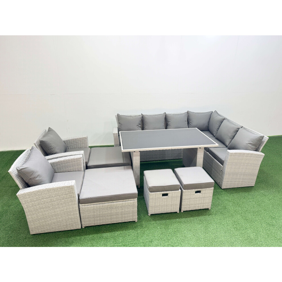 Fimous Light/Grey Outdoor Garden Furniture Sets 12 Seater Wicker Rattan Corner Sofa Sets With Rectangular Dining Table Lounge Sofa 4 Footstools - Image 2