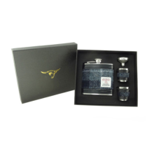 Grey & Black Tartan Harris Tweed 6oz Stainless Steel Hip Flask Cup Set