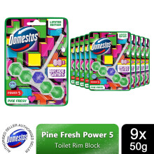Domestos Power 5 Toilet Rim Block Pine Fresh 50g, Pk of 9