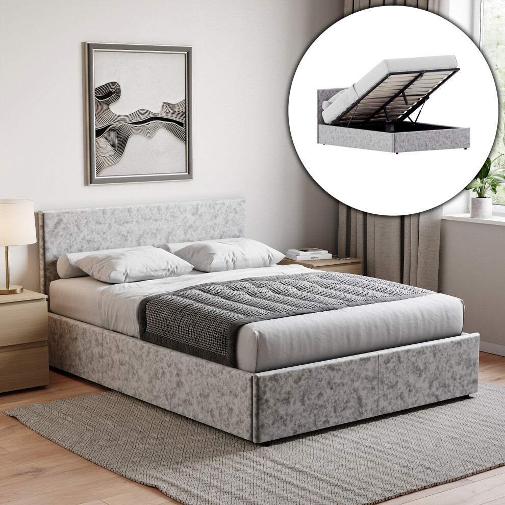 (King Size, Crushed Velvet Silver) Veronica Ottoman Bed Frame Bedroom Storage UKFR