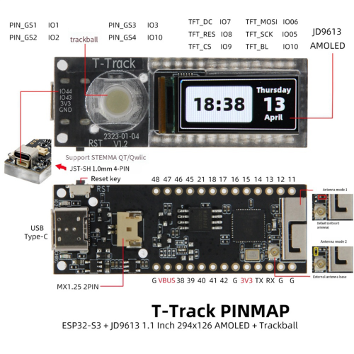 T-Track ESP32-S3 AMOLED Trackball Development Board ESP32-S3R8 WiFi 1