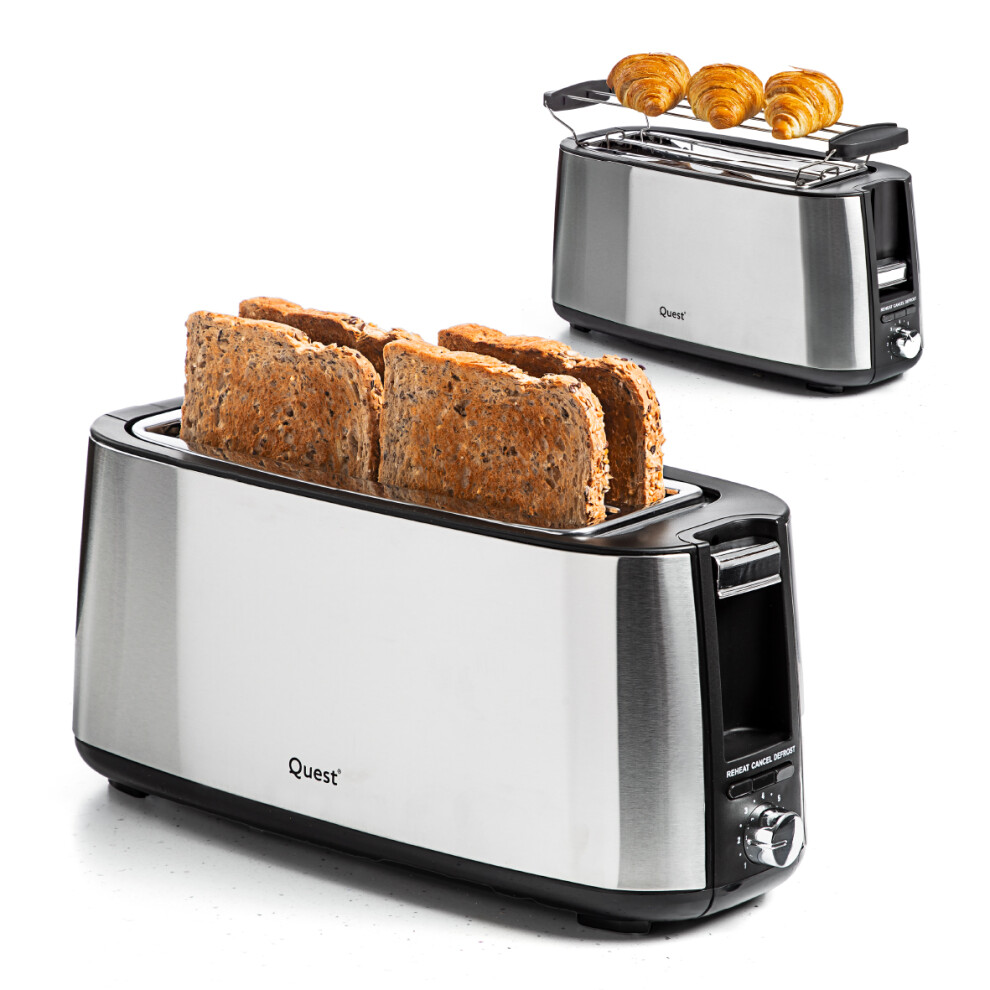 Quest 34620 4 Slice Toaster with Long Slots / Removable Warming Rack / 7 Browning Levels / Reheat & Defrost / Stainless Steel / 1500W