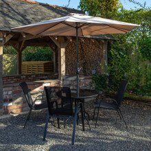 4 Person Round Glass Top Dining Table Chairs With Beige Banana Parasol and Base