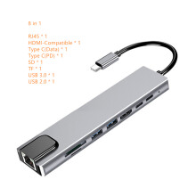 (γκρι 8 σε 1) USB C Hub σε RJ45 4K HDMI συμβατό Type C VGA SD TF USB 3.0 PD Dock συμβατό