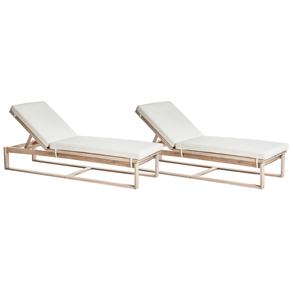 Set of 2 Sun Loungers with Cushions AZZANELLO Acacia Wood Off-White