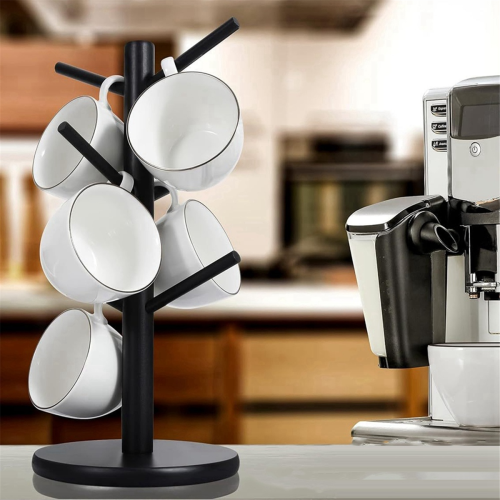 Bamboo Coffee Cup Holder with 6 Hooks, Thickened Base Black Mug Tree 2