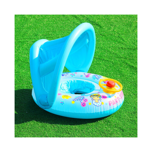 (Μπλε) Baby Float Boat Seat with Shade Canopy Kids Inflatable Pool Ring Aid