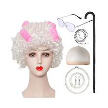 (White Curl Set Curler) Bun Hopean Tyylikäs Peruukkisetti Halloween-juhliin Ihanteellinen aidolle vanhukselle