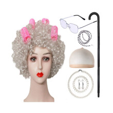 (Silver Curl Set Curler) Bun Hopean tyylikäs peruukkisetti Halloween-juhliin Ihanteellinen aidolle vanhukselle