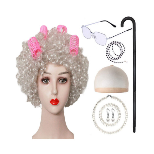 (Silver Curl Set Curler) Ensemble de perruques chignon argenté chic pour les célébrations d'Halloween,