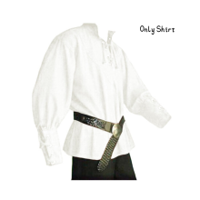 (Bianco, M) Costume da cavaliere medievale da uomo rinascimentale con colletto alto e camicia con lacci