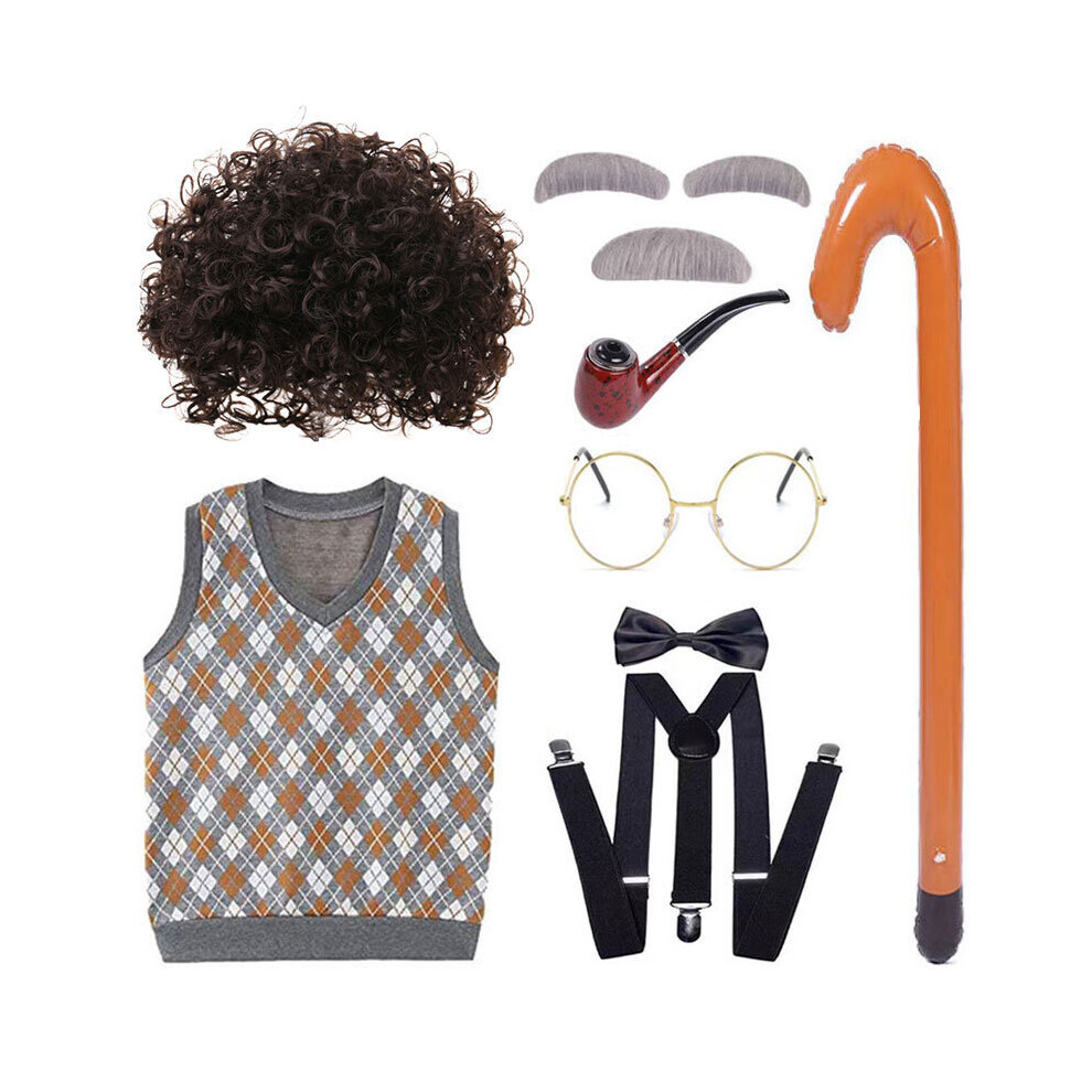 (Gilet orange boucles marron foncé, 160 cm) perruque de coiffure réaliste courte grand-père sertie d'un