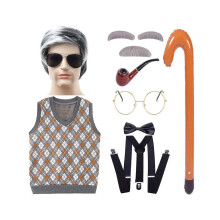(Orange Vest Grandpa White Wig, 160cm) Isoisä Lyhyt Realistinen Kampaus Peruukkisetti Värikkäällä Liivillä