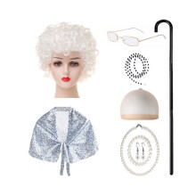 (White Curl Set) Harmaa Hauska Vaalea Kihara Peruukkisetti Halloween-pukeutumiseen ja koulujuhliin iholle