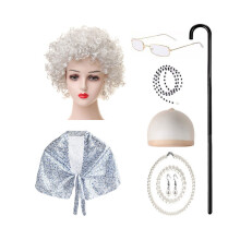 (Silver Curl Set) Harmaa Hauska Vaalea Kihara Peruukkisetti Halloween-pukeutumiseen ja koulun juhliin