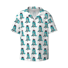 (Miku With A Cat!!_9843) Men's Hawaiian Shirts Cuban Collar Vintage Bowling Short Sleeve Button Down Beach Shirt Casual Summer Vacation Wear Retro Tee