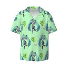 (Miku Leek_5707) Men's Hawaiian Shirts Cuban Collar Vintage Bowling Short Sleeve Button Down Beach Shirt Casual Summer Vacation Wear Retro Tee