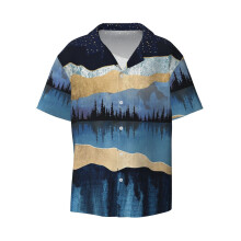 (Midnight Lake_7213) Men's Hawaiian Shirts Cuban Collar Vintage Bowling Short Sleeve Button Down Beach Shirt Casual Summer Vacation Wear Retro Tee