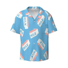 (Milk_7544) Men's Hawaiian Shirts Cuban Collar Vintage Bowling Short Sleeve Button Down Beach Shirt Casual Summer Vacation Wear Retro Tee