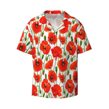 (Beautiful Red Poppy Flowers_7940) Men's Hawaiian Shirts Cuban Collar Vintage Bowling Short Sleeve Button Down Beach Shirt Casual Summer Vacation Wear Retro Tee