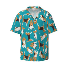 (Beagle Scatter Blue_4188) Men's Hawaiian Shirts Cuban Collar Vintage Bowling Short Sleeve Button Down Beach Shirt Casual Summer Vacation Wear Retro Tee