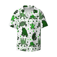 (Funny Green Frog Cartoon With White Background_5841) Men's Hawaiian Shirts Cuban Collar Vintage Bowling Short Sleeve Button Down Beach Shirt Casual Summer Vacation Wear Retro Tee
