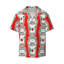 (Funny Ketchup Label_4413) Men's Hawaiian Shirts Cuban Collar Vintage Bowling Short Sleeve Button Down Beach Shirt Casual Summer Vacation Wear Retro Tee