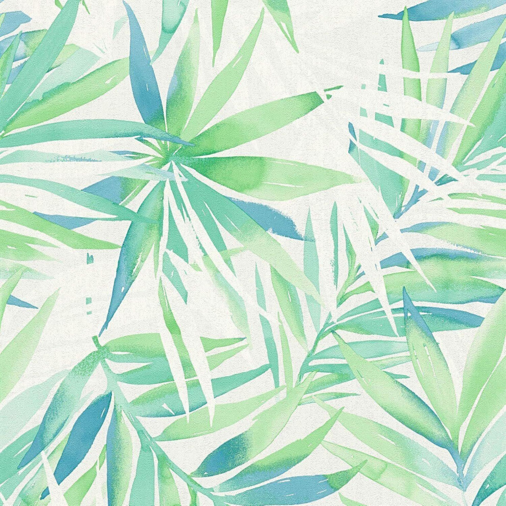 As Creation Tropical Leaf Green & Blue Wallpaper Vibrant Paste The Wall Vinyl