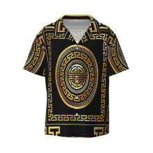 (Greek Key Meander Black Gold Large_6536) Men's Hawaiian Shirts Cuban Collar Vintage Bowling Short Sleeve Button Down Beach Shirt Casual Summer Vacation Wear Retro Tee